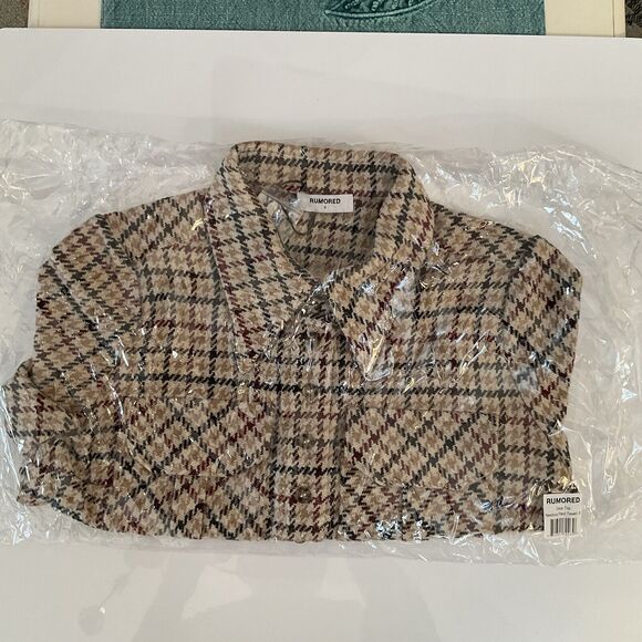Rumored Coco Top Newbury Plaid Tweed Cropped Brown Maroon Gold, Size S NWT - Picture 3 of 10